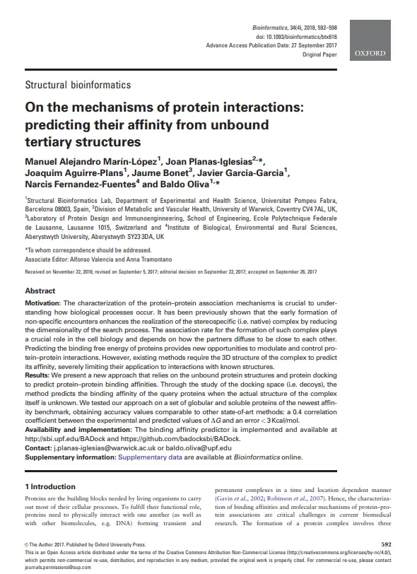 Mechanisms of Protein-Protein Interactions On the mechanisms of protein interactions: predicting their affinity from unbound tertiary structures